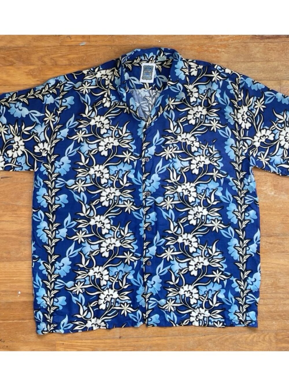 Vintage Mens Hawaiian Shirt Size XL 1990s Blue Tropical Floral Print Rayon Ligh